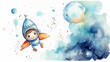 children's illustration of a child watercolor astronaut on a white background, a fairy tale about space flight