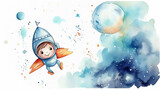 Fototapeta  - children's illustration of a child watercolor astronaut on a white background, a fairy tale about space flight