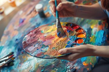 Artist. Hands with Artist's palette. Selective focus. Colorful artist brushes and paint. Artist draws on the canvas. She creates colorful, emotional, sensual oil painting. Painter creating modern art