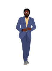 Wall Mural - Black businessman character standing. Handsome bearded african american business man in formal office outfit, blue suit, glasses. Vector colorful illustration isolated on transparent background.