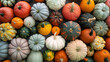 A large collection of pumpkins of various colors and sizes