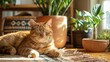 Adorable orange cat next to knocked over indoor plant on rug in residence