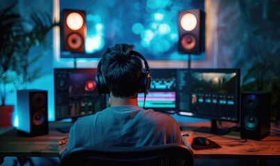 Man editing video on computer in home studio