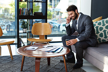 Aufkleber - Happy, businessman and phone call with coffee in modern office for business discussion or chat. Young man, employee or financial advisor talking on mobile smartphone for conversation or online advice