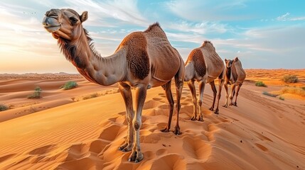 Canvas Print -   A group of camels traverses sand dunes at sunset, against a backdrop of a blue sky