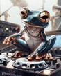 A frog wearing headphones and a necklace is djing at a turntable