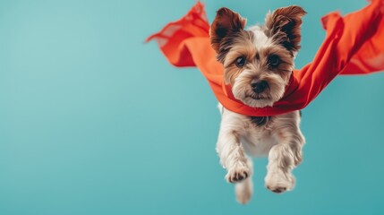 Wall Mural - A masked dog in a red cape jumps playfully in the air