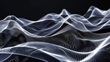 Fototapeta  - Waves of silver digital mesh on black background depict electronic communication motion.