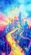 A painting of a city with bright colors and a road going up into the sky.