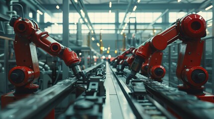 Poster - An industrial engineer manages automation robot arms in a factory through a real-time monitoring system software, representing the future of digital manufacturing