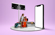 © master1305 - Happy young woman with children and suitcases looking at giant 3D model of mobile phone screen, using online app services for convenient travelling. Concept of vacation, Internet services