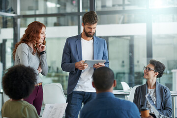 Fototapete - Teamwork, idea and people in meeting with tablet, documents and technology for agenda in office. Discussion, partnership and employees together for plan, work and diversity in creative career