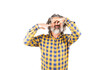 Bearded man in checkered shirt smelling something smelly and disgusting holding his breath with fingers in his nose, bad smell