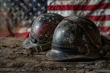 Wall Mural - Military helmets and American flag on Veterans or Memorial Day, symbolizing patriotism and honor.