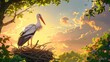A tranquil scene is depicted with a stork peacefully perched in its nest