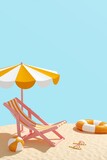 Fototapeta Dmuchawce - Summer vacation concept. Beach chair with umbrella and beach accessories for active rest on the sandy island. Tropical background for summer postcard, flyer, poster. 3D illustration, copy space.