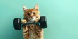 A cat doing exercise with dumbbell with a big space with a clean green backdrop and big space for text or product advertisement, Generative AI.