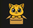 Cartoon cat with a puzzled expression sitting in a cardboard box
