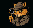 Cartoon detective cat with magnifying glass on mysterious background