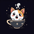 Adorable kawaii cat surprised in a teacup with a dark background