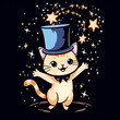 Adorable kawaii cat in a top hat with magical stars on a black background