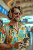 Fototapeta Łazienka - happy man in bright comfy summer clothes and headphones in the airport using smartphone. ai generated