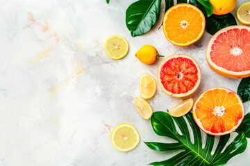 Wall Mural - Creative background made of summer tropical fruits with leaves, grapefruit, orange, tangerine, lemon.