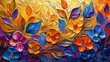 Vibrant abstract oil painting of colorful flowers and leaves