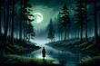 A lone figure stand by a calm lake, flanked by tall trees in the forest under a glowing moon, in vivid greens and blues, perfect for themes of introspection and tranquility. generative ai