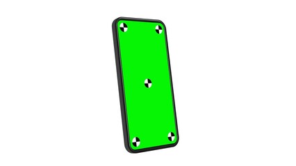 Poster - Mobile phone mockup rotation animation with green chroma key screen and motion tracking markers. File includes RGB and alpha channel for transparent background on video editing programs.