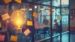 A brainstorming session in a modern, open-plan office, with sticky notes forming the shape of a lightbulb on the wall, each note a contribution to the burgeoning company's startup vision.
