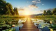 © Aliaksandra - Serene sunrise scene over lush swamp with a wooden path on a peaceful summer morning
