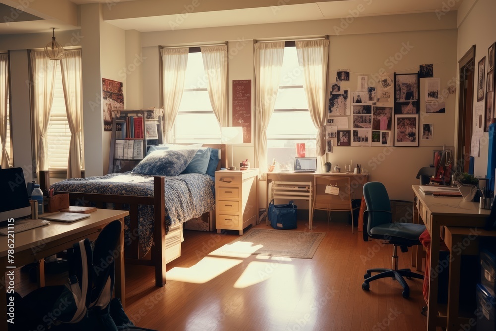 Student dormitory room with study desk, single bed, double bunk bed ...