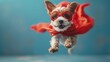 A canine wearing a cape and goggles leaps energetically
