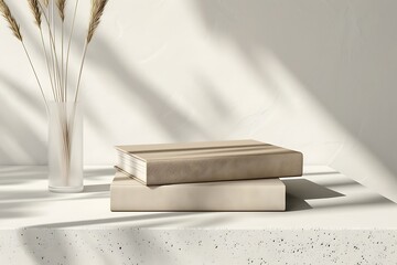 Wall Mural - a stack of two beige blank book hardcover mockup template on a light background and wheat spikelets