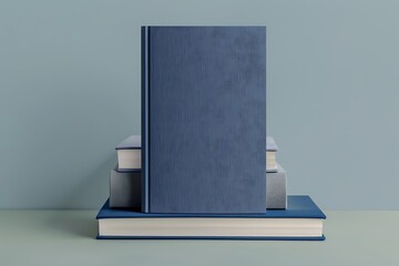 Wall Mural - a dark blue blank book hardcover mockup template on a stack of books, front view