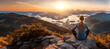 Girl sitting on top mounting and enjoying yellow sunrise. Hiking woman relaxing