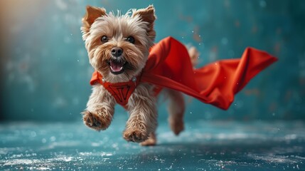 Wall Mural - A small toy dog wearing a red cape is flying through the air