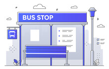 Vector Illustration Of A Blue Bus Stop With A Bench, Schedule, And Lamp Post On A Light Background, Conveying Urban Public Transport. Line Art Style Flat Vector Illustration