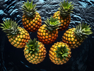  Seven pineapples floating in water.