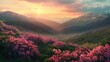 A verdant valley carpeted with colorful blossoms, framed by distant mountains and bathed in the soft glow of the setting sun, a scene of natural splendor. 