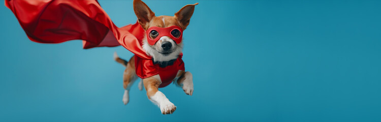 Wall Mural - Toy dog in red cape and mask soars through the sky