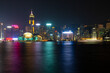 Skyline of the international skyline of Hong Kong illuminated at night with light trails in foreground