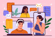 People communicating through various devices on a pink background, Vector illustration, concept of digital communication. Flat cartoon vector illustration