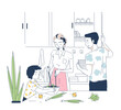 Family preparing food together in a kitchen, simple line drawing with blue tones, domestic life. Modern line art style flat cartoon vector illustration