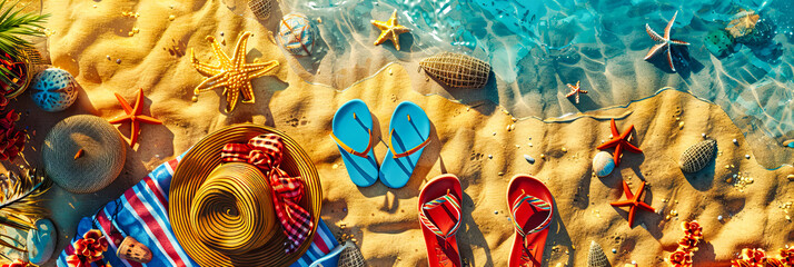 Colorful Summer Beach Scene with Flip Flops and Starfish on Sandy Shores, Perfect for a Vibrant Holiday