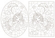 A set of contour illustrations in the style of stained glass with cute cartoon unicorns and the moon, dark outlines on a white background