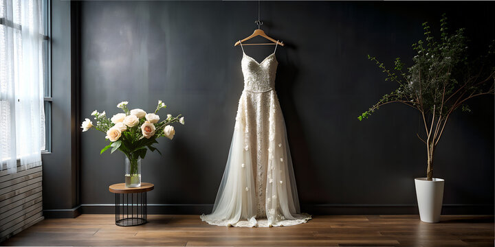 Wedding dress on a black wall hangs on a hanger to the floor a transparent sequined wedding dress and there are flowers in a white glass vase