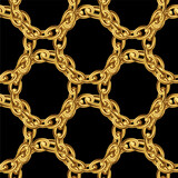 Fototapeta Młodzieżowe - Seamless pattern with gold chains for fabric design on black background. Baroque golden illustration.	
