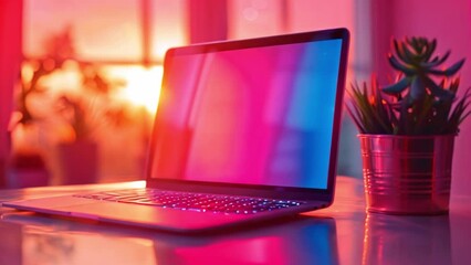 Aufkleber - Modern Laptop on Desk With Plant at Sunset